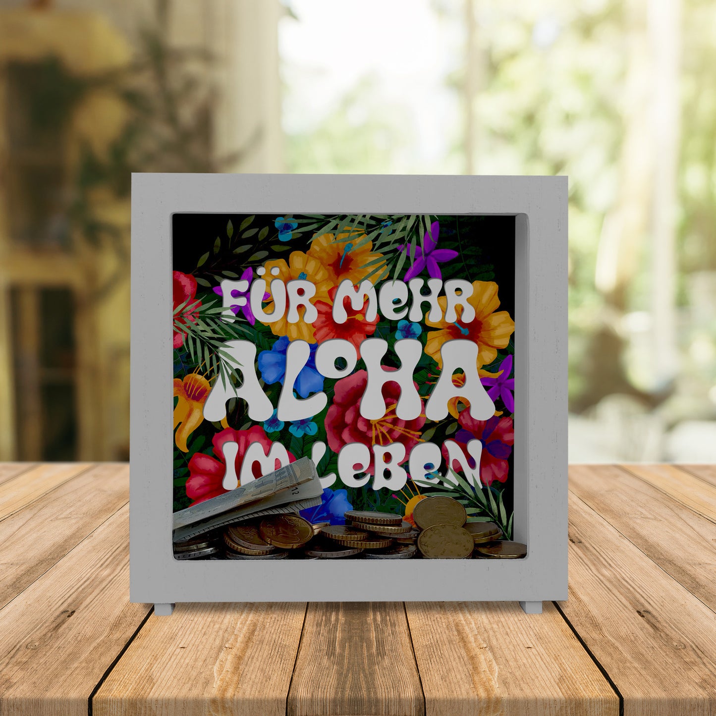 Rahmen Spardose aus Holz mit buntem Blumenmotiv und Spruch - Für mehr Aloha im Leben