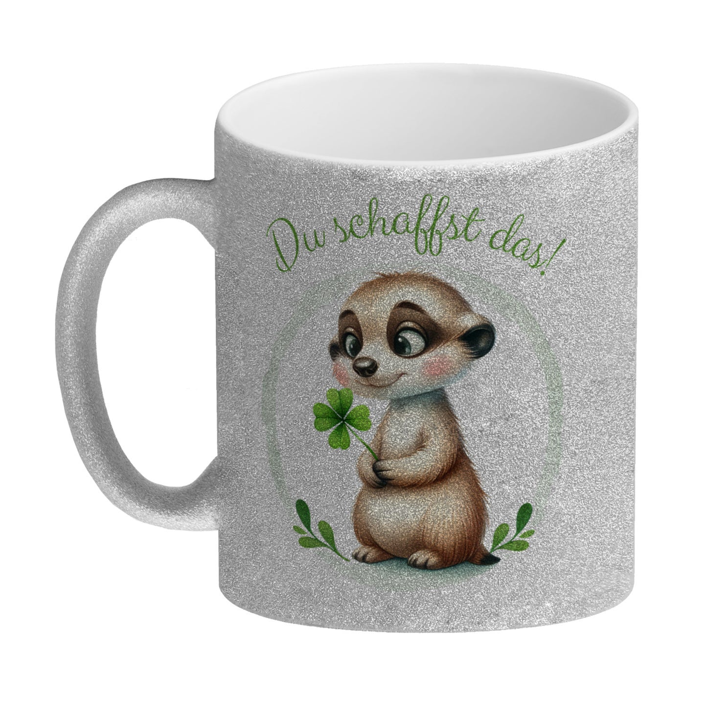 Erdmännchen mit Kleeblatt Glitzer-Kaffeebecher mit Spruch Du schaffst das