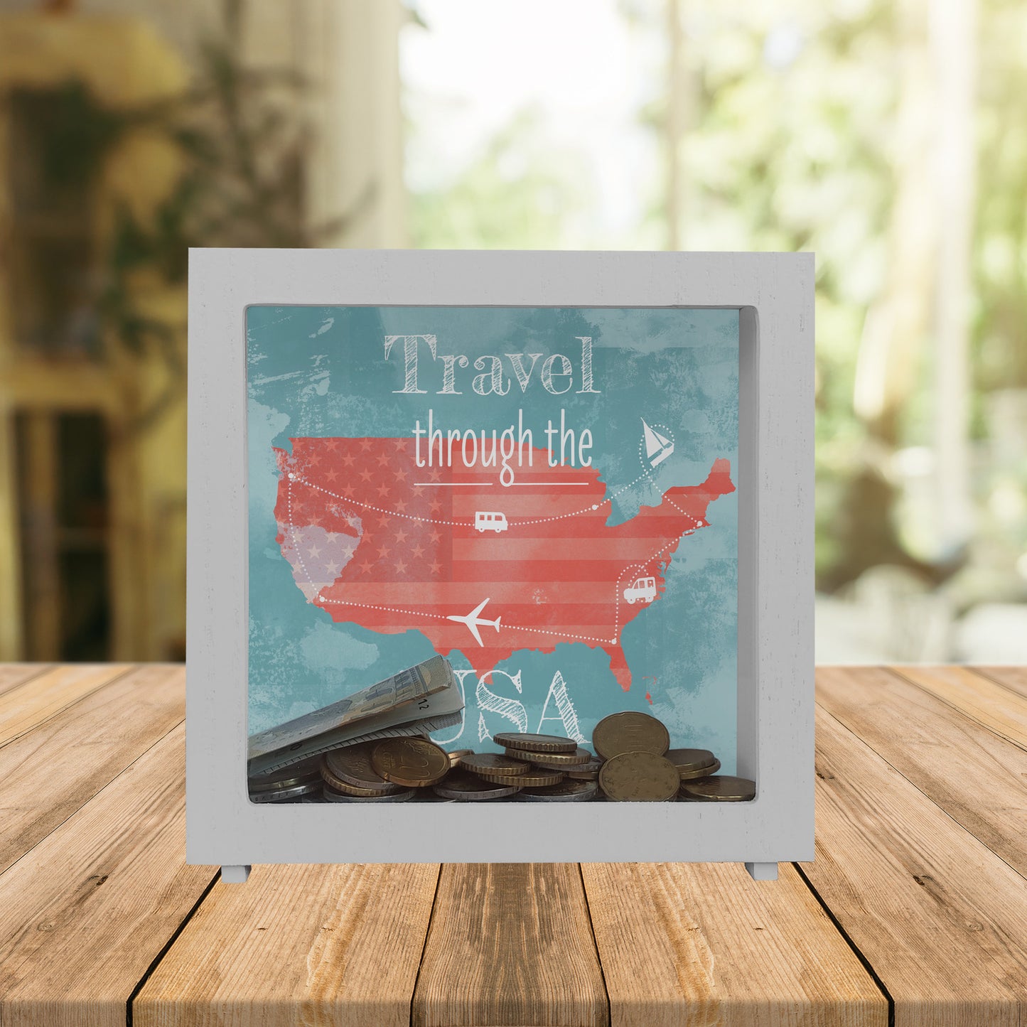 Rahmen Spardose aus Holz mit USA Karte und Spruch - travel through USA