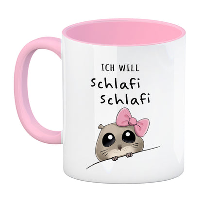 Meme Hamster Kaffeebecher in rosa mit Spruch Ich will Schlafi Schlafi