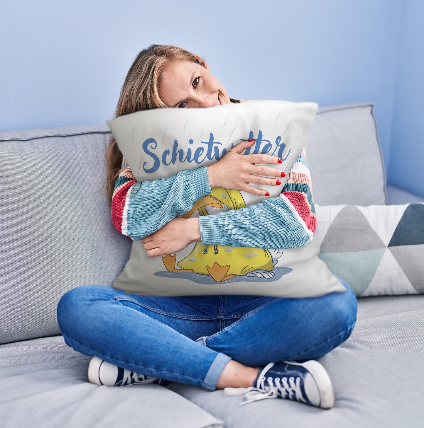 Möwe Kuschelkissen mit Spruch Schietwetter