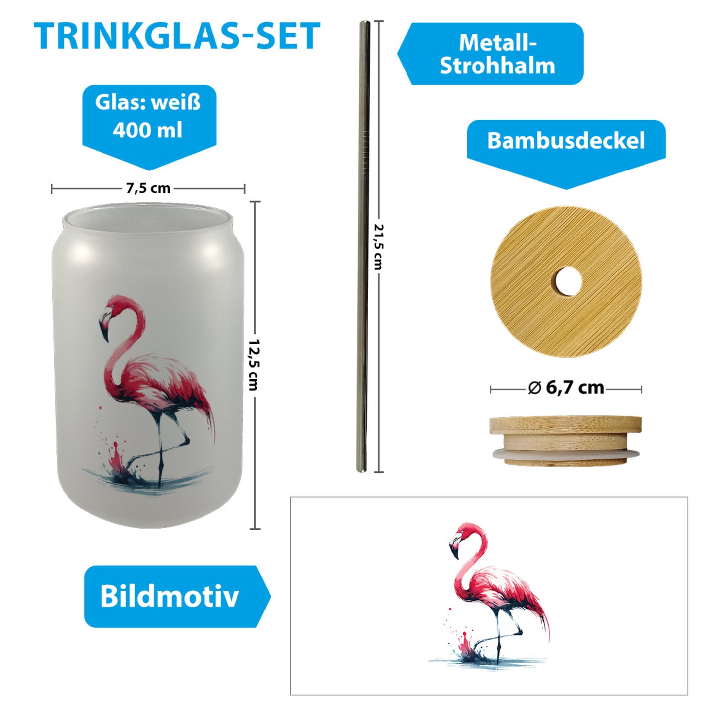 Rosa Flamingo Trinkglas mit Bambusdeckel