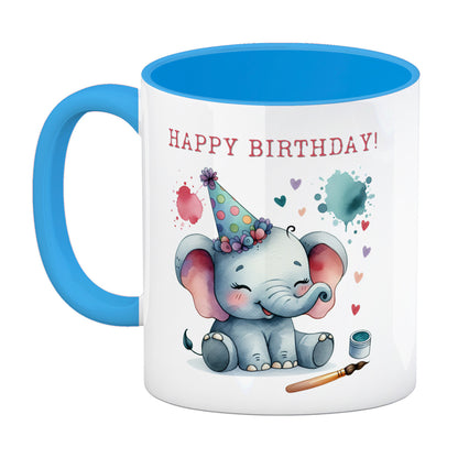 Happy Birthday Elefant Kaffeebecher in hellblau