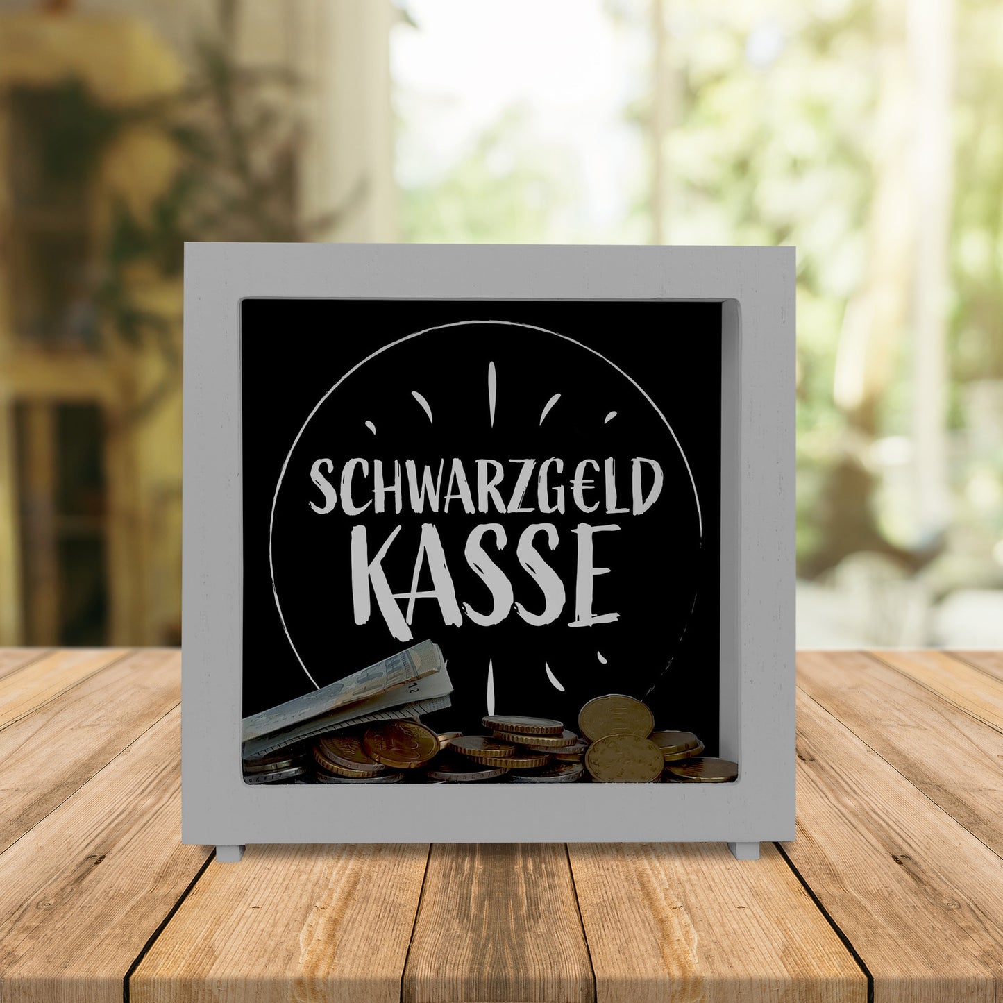 Rahmen Spardose aus Holz für Taschengeld mit lustigem Spruch - Schwarzgeld Kasse