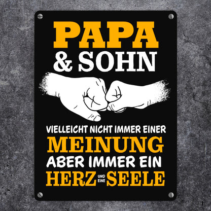 Papa & Sohn, ein Herz und eine Seele Metallschild in 15x20 cm mit Spruch in gelb