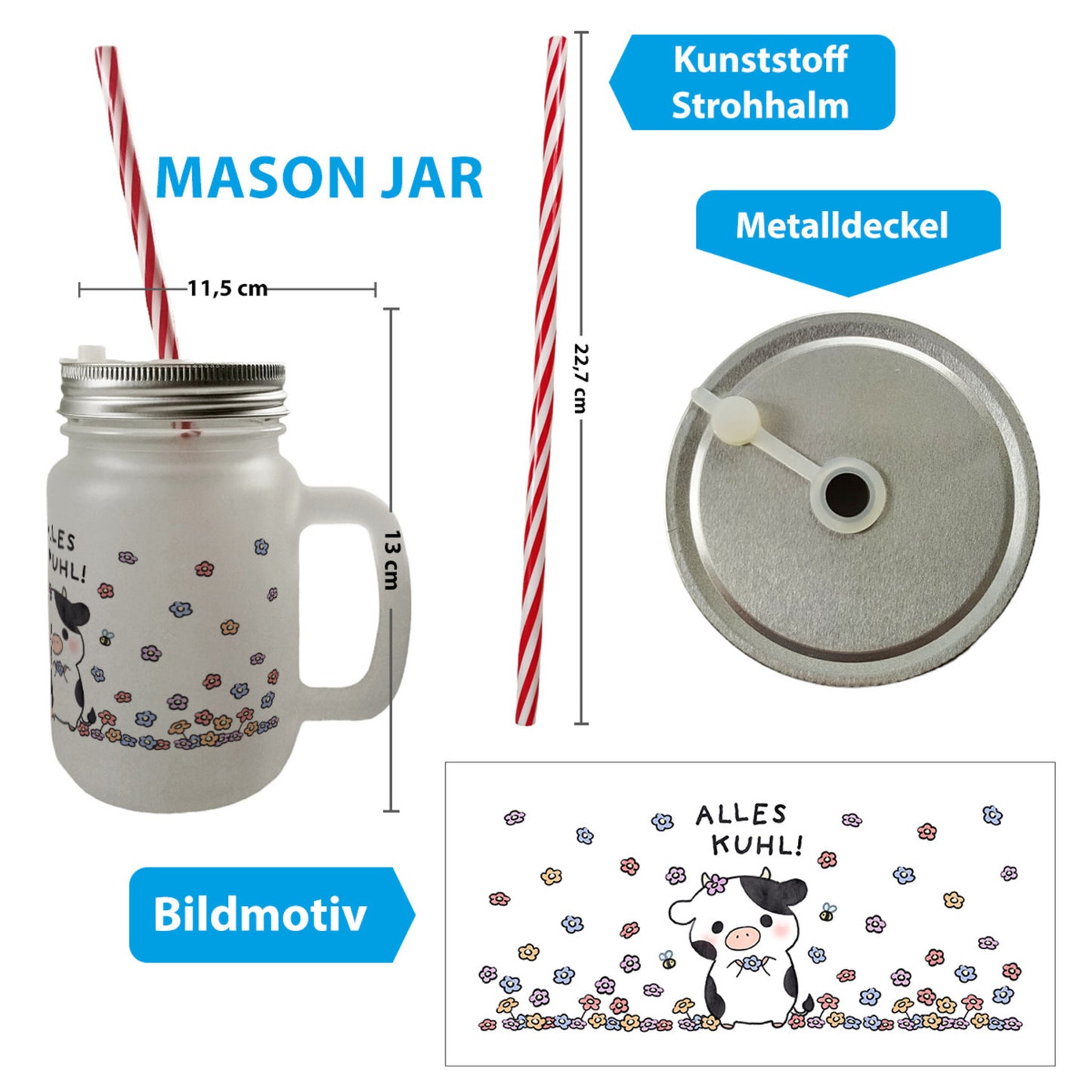 Kuh Mason Jar Henkel Trinkglas mit Deckel mit Spruch Alles Kuhl