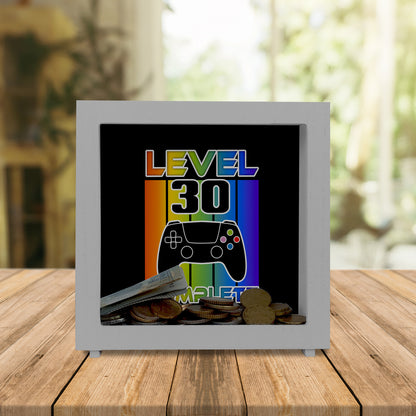 30. Geburtstag Gamer Rahmen Spardose aus Holz mit Spruch Level 30 complete