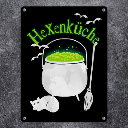 Hexenküche Metallschild in 15x20 cm mit Hexenkessel für Halloween