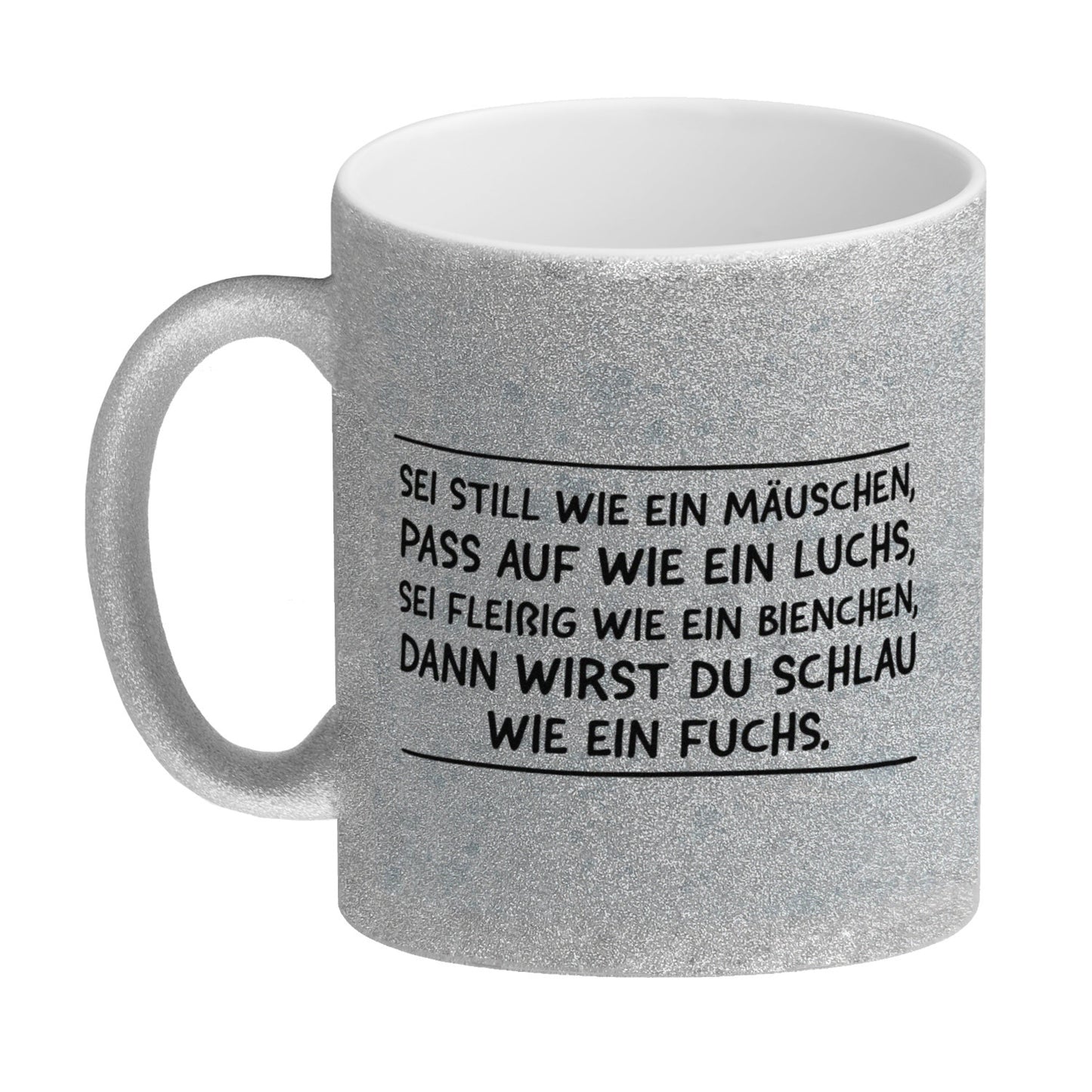 Schlauer Fuchs Glitzer-Kaffeebecher zur Einschulung mit Tiermotiv und Spruch