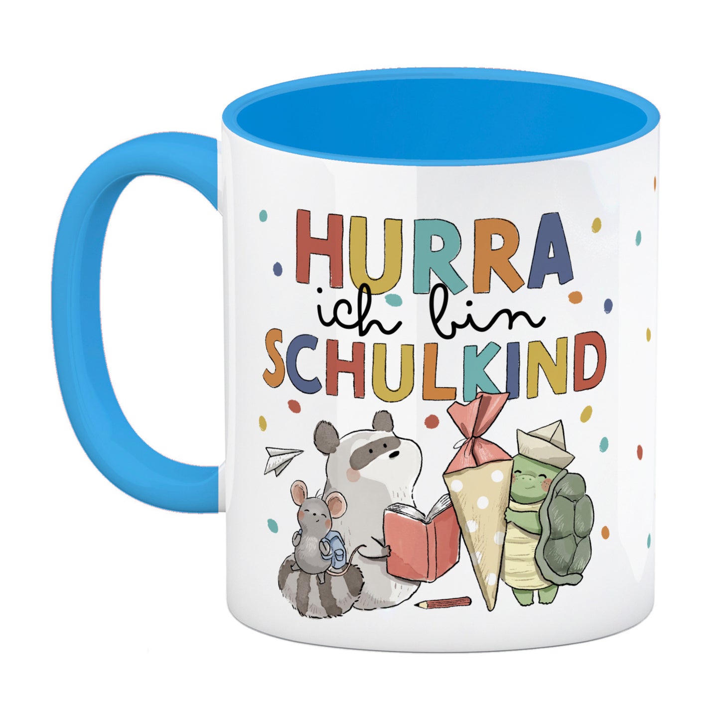 Tiere zur Einschulung Kaffeebecher in hellblau mit Spruch Hurra ich bin Schulkind