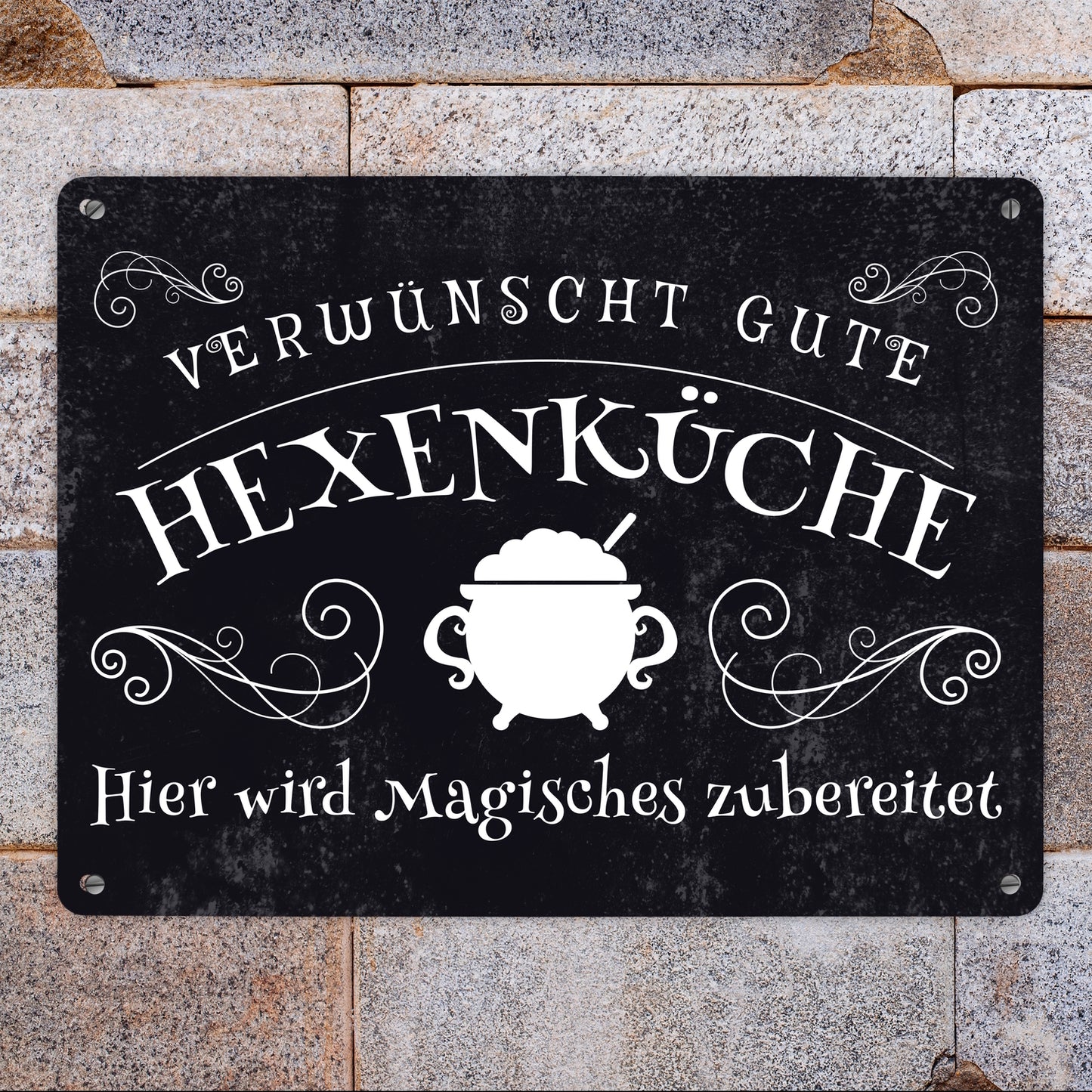 Verwünscht gute Hexenküche Halloween Metallschild XL in 21x28 cm mit lustigem Spruch