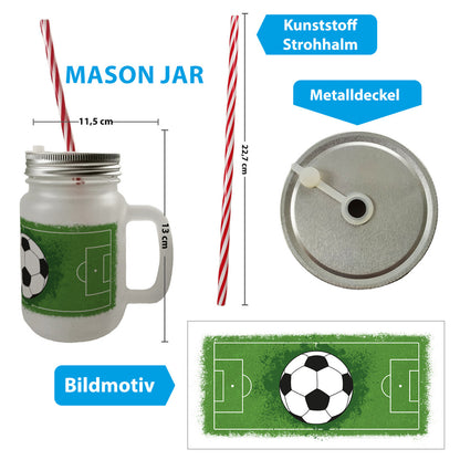 Fußball mit Fußballfeld Mason Jar Henkel Trinkglas mit Deckel