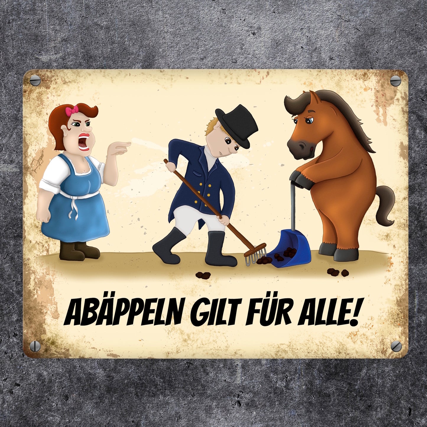 Metallschild mit Reiter und Pferde Motiv und Spruch: Abäppeln gilt für alle