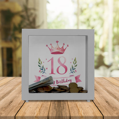 Happy Birthday 18 Krone Rahmen Spardose aus Holz