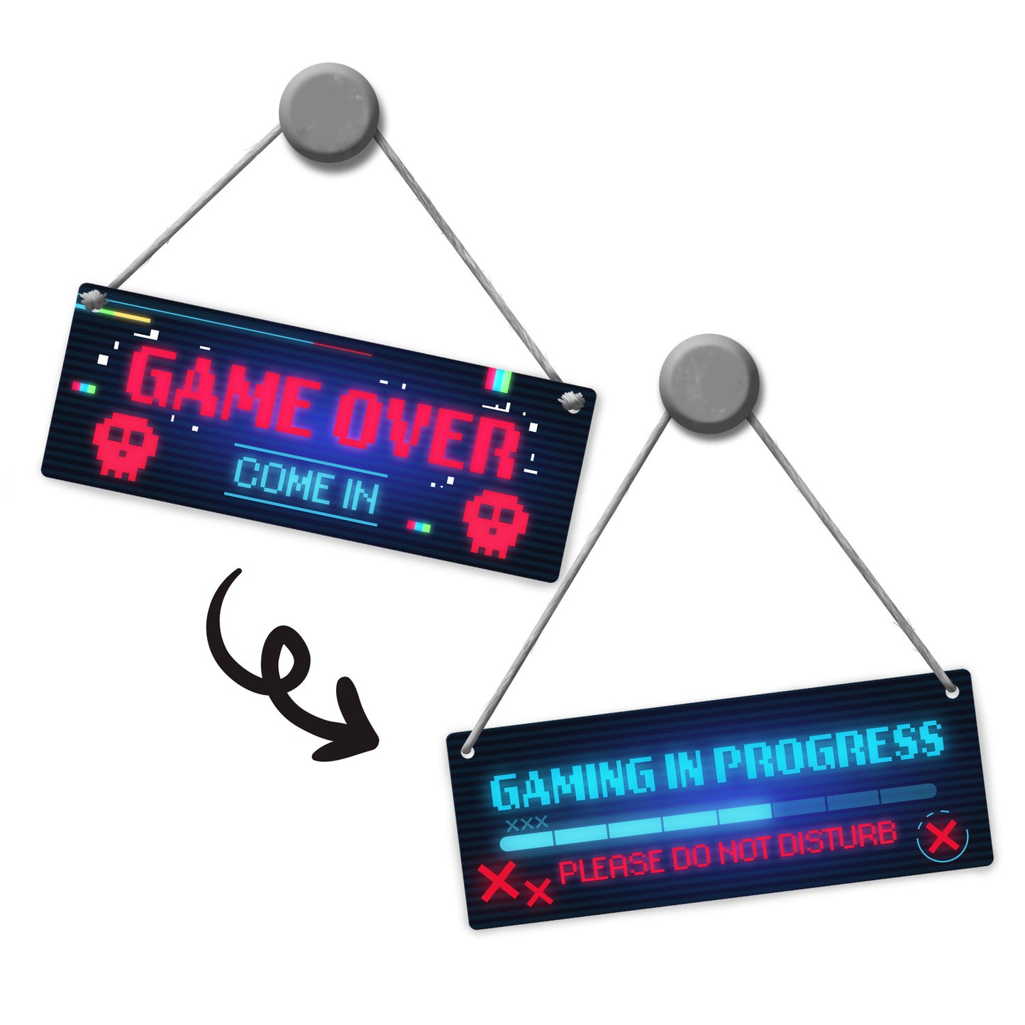 Gaming in progress oder Game Over Wendeschild im Pixel Look