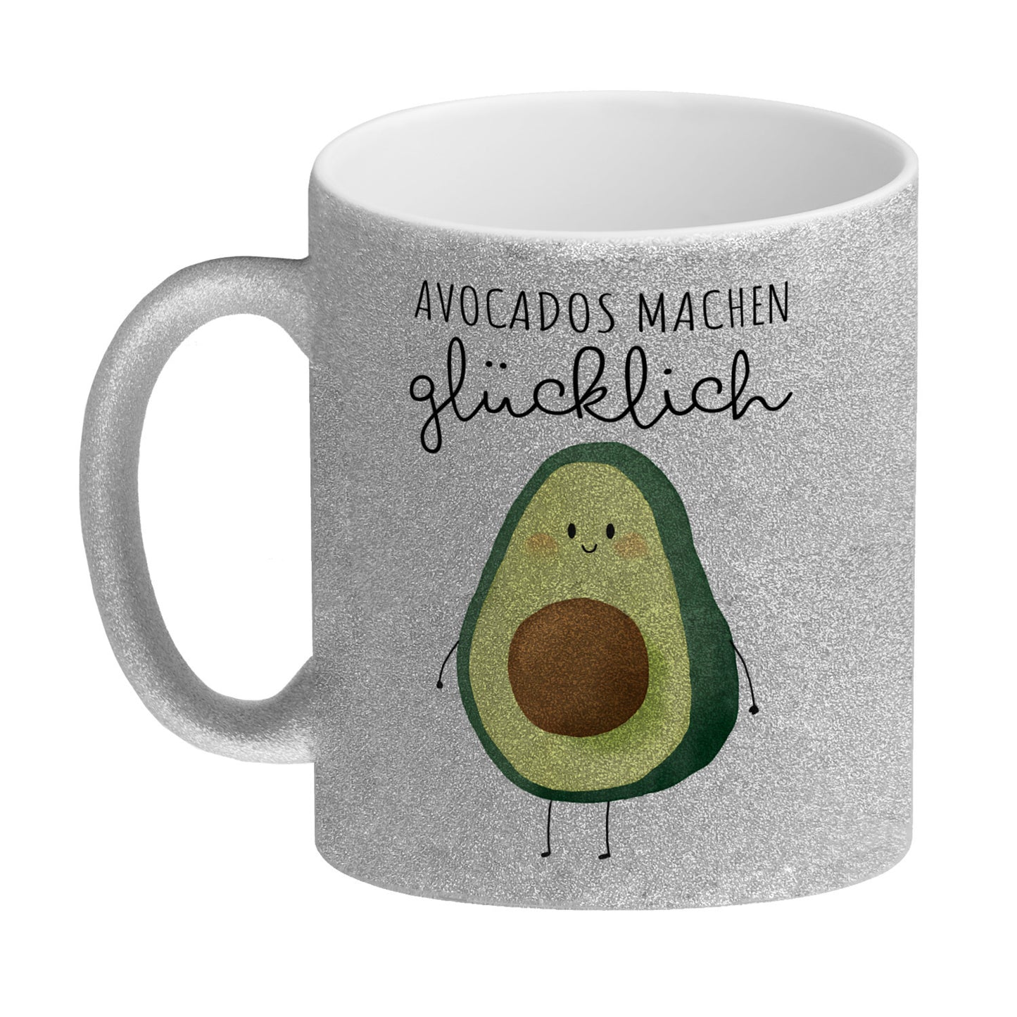 Niedliche Avocado Glitzer-Kaffeebecher mit Spruch Avocados machen glücklich