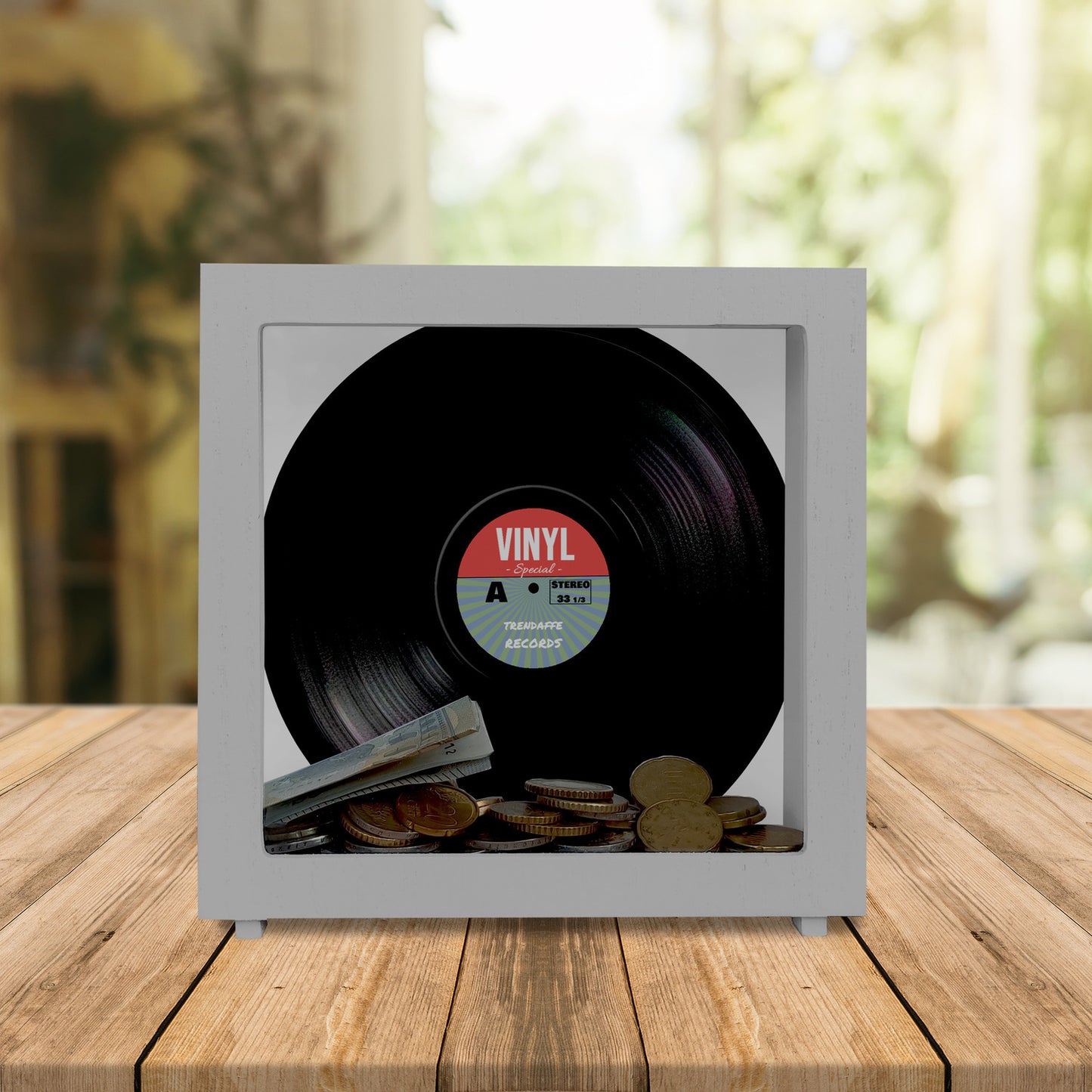 Rahmen Spardose aus Holz im Retro Vinyl Schallplattendesign RocknRoll-Stil