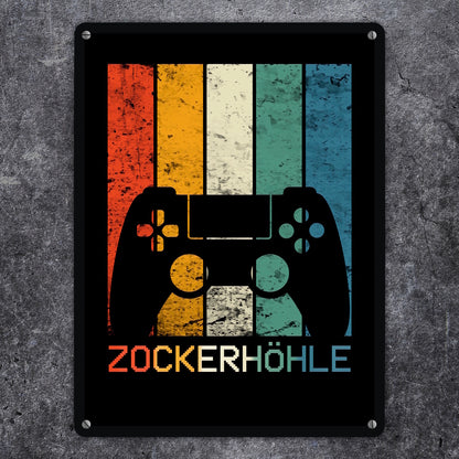 Zockerhöhle Metallschild XL mit Retro Gamer-Motiv