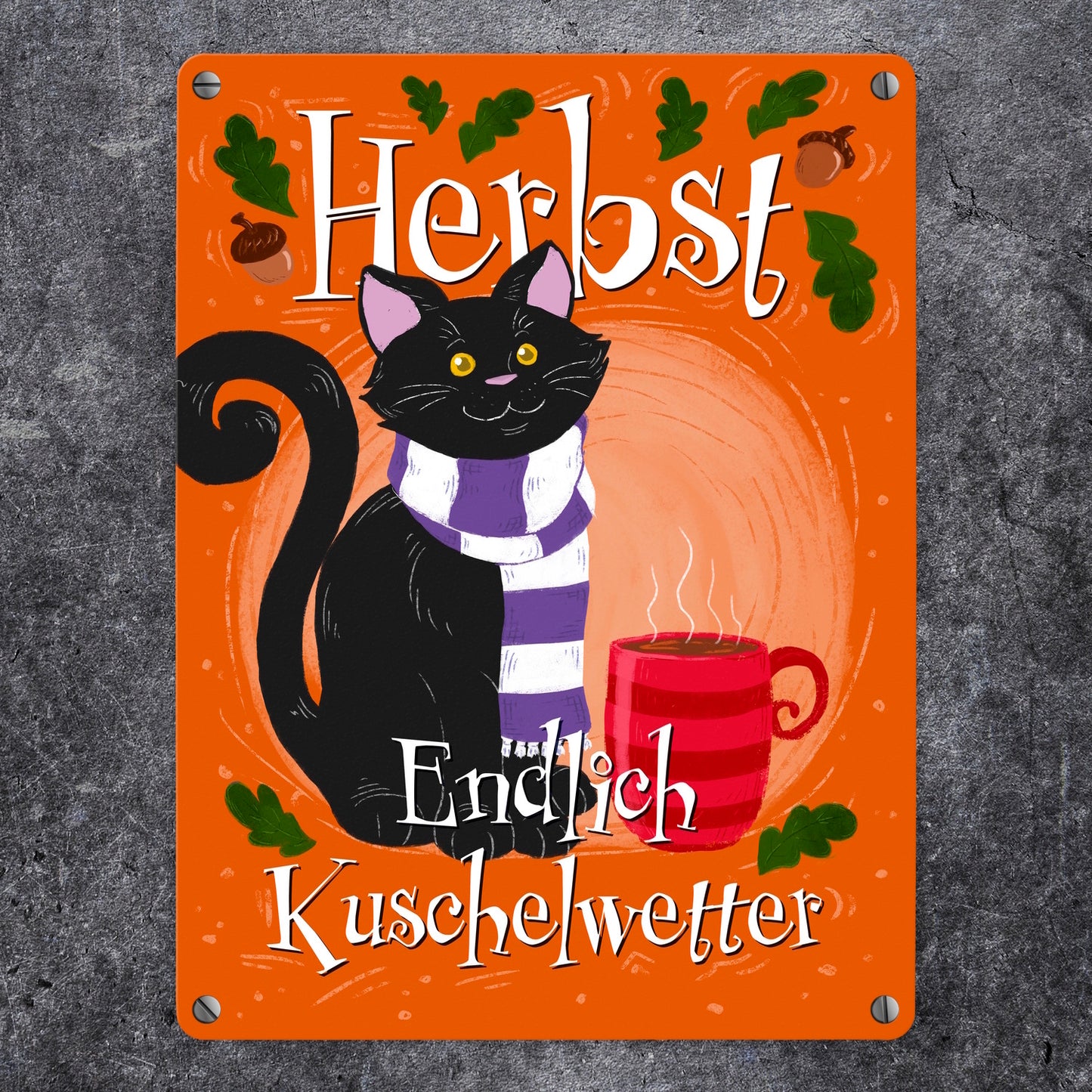 Herbst - Endlich Kuschelwetter Metallschild in 15x20 cm mit schwarzer Katze