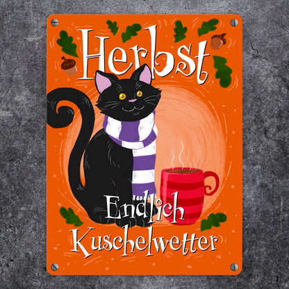 Herbst - Endlich Kuschelwetter Metallschild in 15x20 cm mit schwarzer Katze