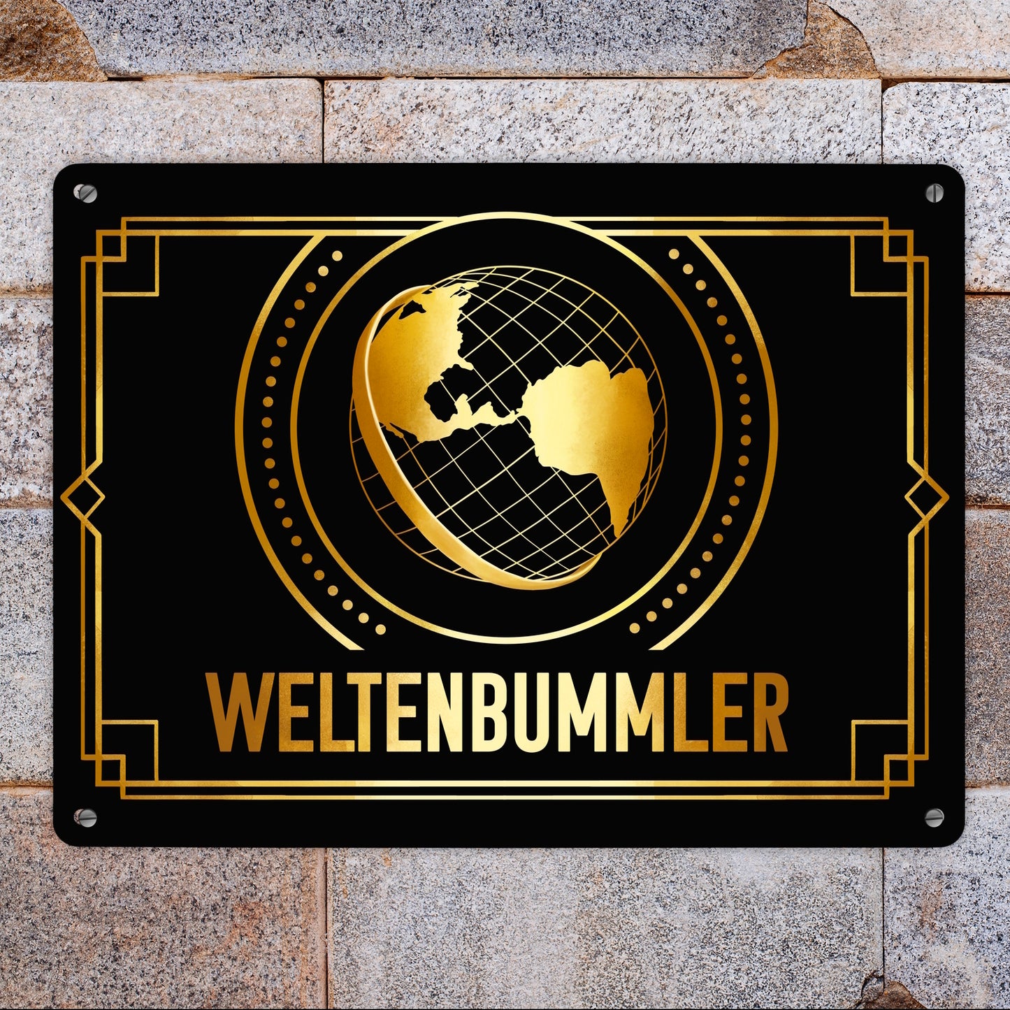 Weltenbummler Metallschild XL in 21x28 cm mit goldenem Globus und Reisemotiv