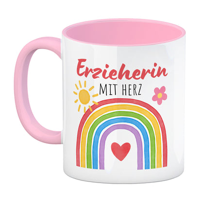 Regenbogen Kaffeebecher in rosa mit Spruch Erzieherin mit Herz