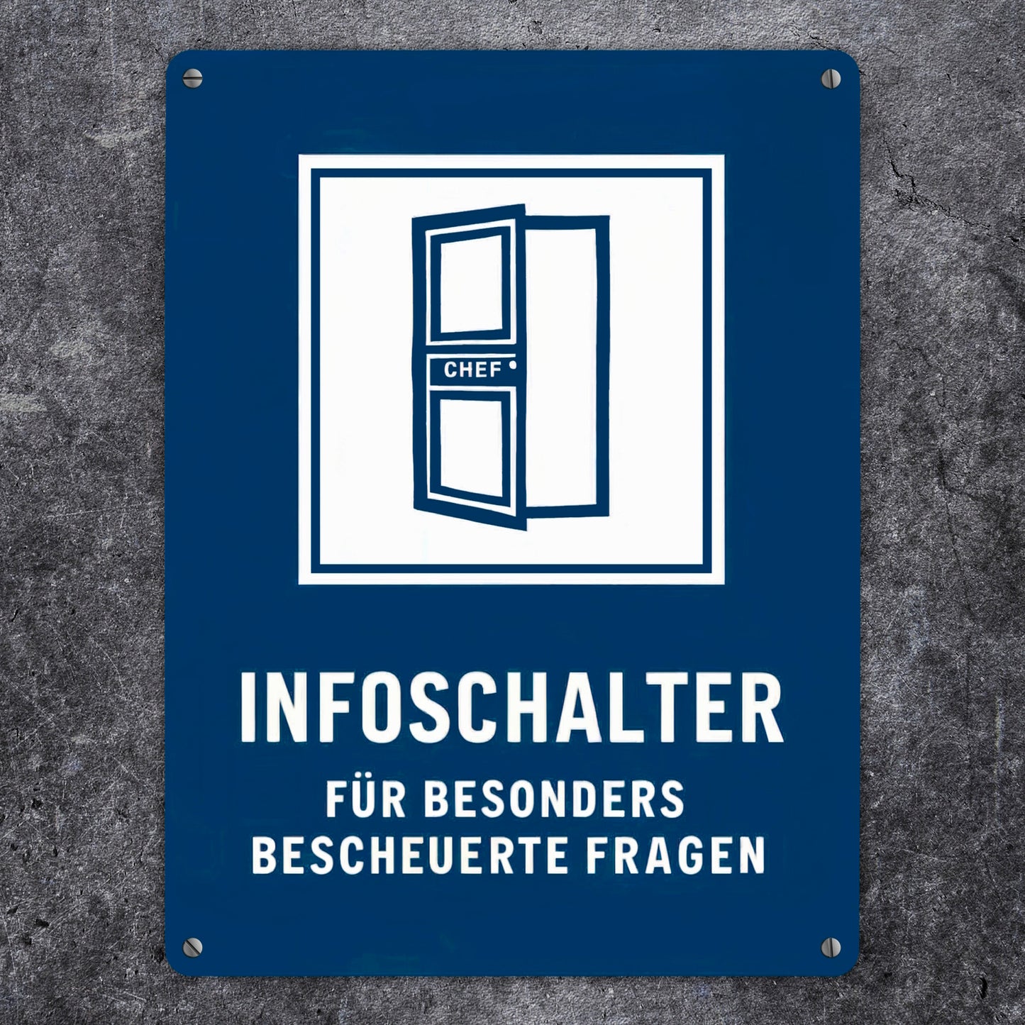 Infoschalter für bescheuerte Fragen Chef - Metallschild XL in 21x28 cm