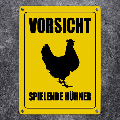 Vorsicht spielende Hühner Metallschild mit Huhn Motiv