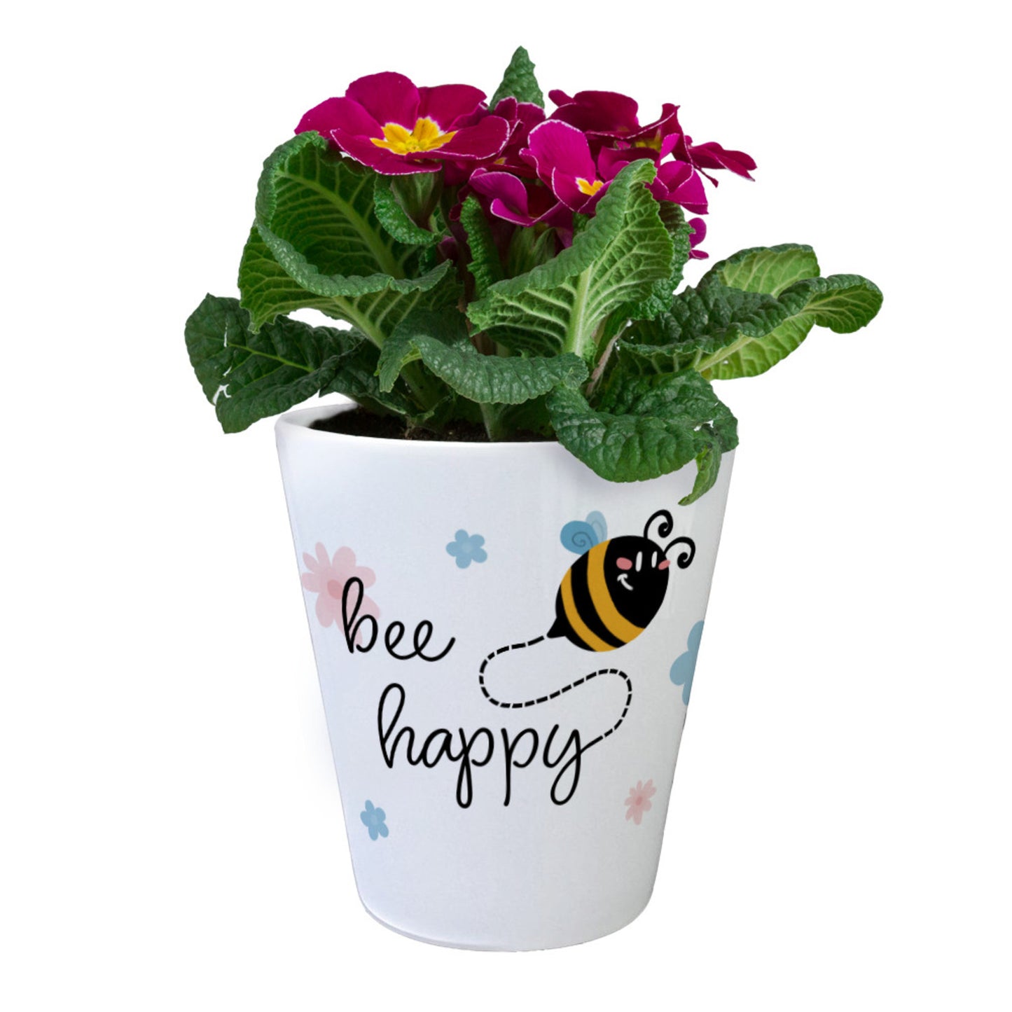 Bee happy Blumentopf mit niedlicher Biene und Blumen