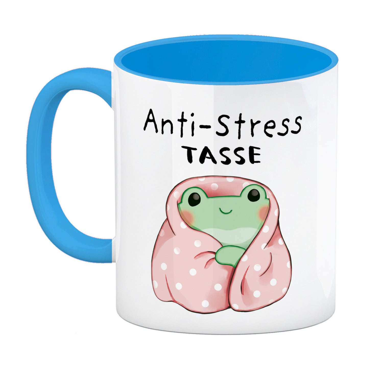 Frosch in rosa Decke mit Spruch Anti-Stress Tasse