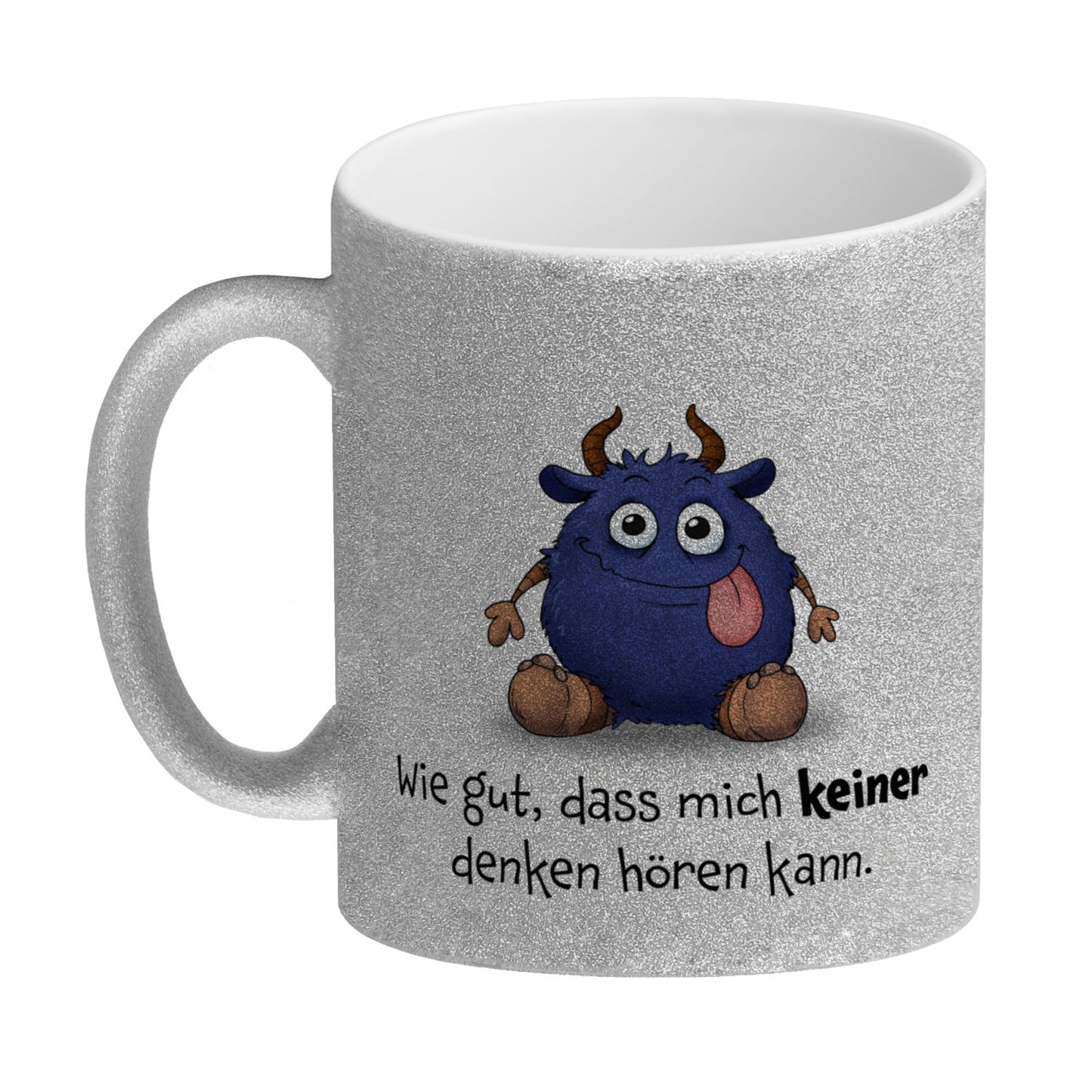 Freches Monster in dunkelblau Glitzer-Kaffeebecher mit lustigem Spruch