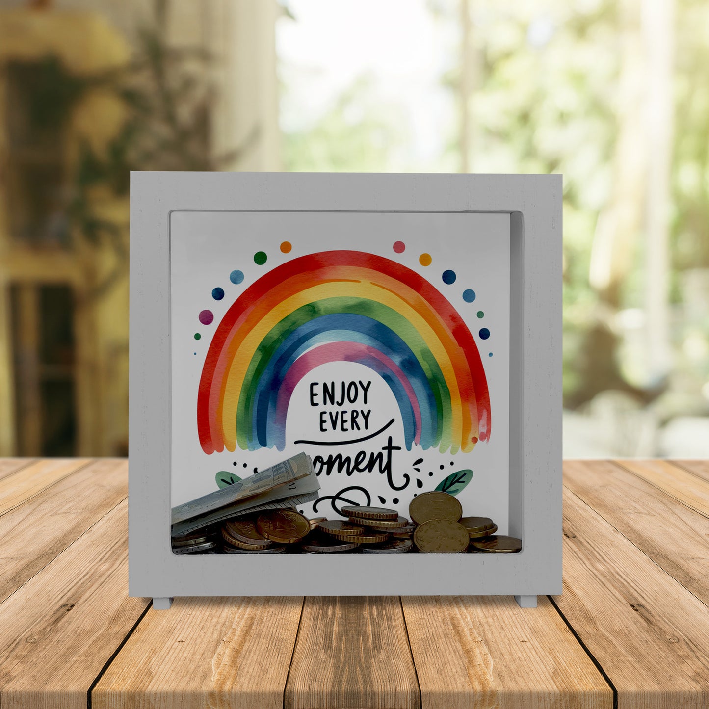 Regenbogen Rahmen Spardose aus Holz mit Spruch Enjoy every moment