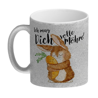 Hase Glitzer-Kaffeebecher mit Spruch Ich mag dich volle Möhre