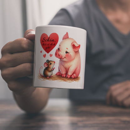 Schwein mit Maus und Herz Kaffeebecher mit Spruch Schön dass es dich gibt