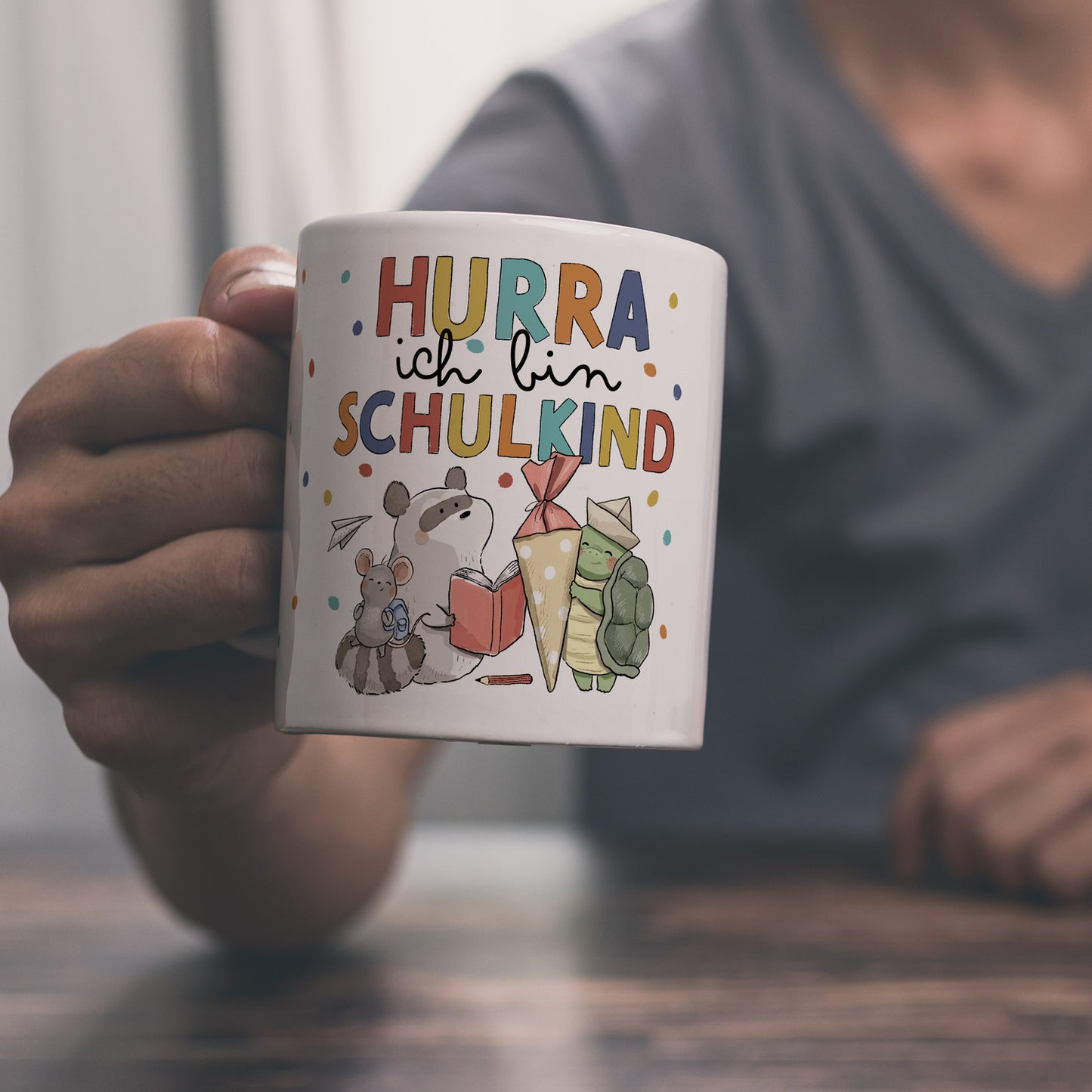 Tiere zur Einschulung Kaffeebecher mit Spruch Hurra ich bin Schulkind