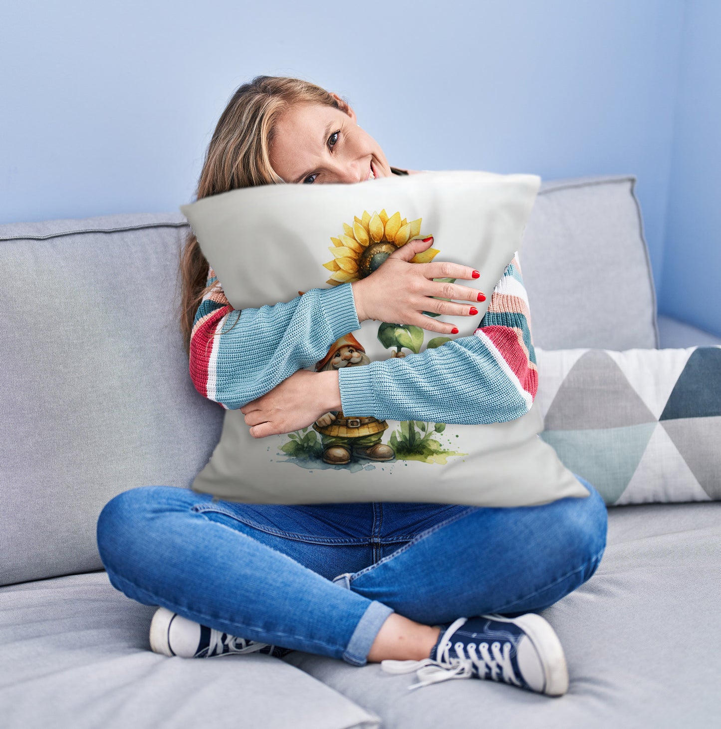 Gartenzwerg mit leuchtender Sonnenblume Kuschelkissen