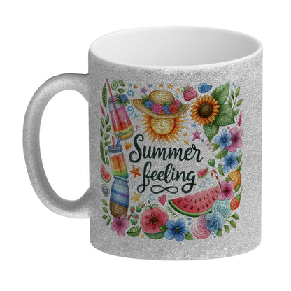 Sonne und Sommer Glitzer-Kaffeebecher mit Spruch Summer feeling