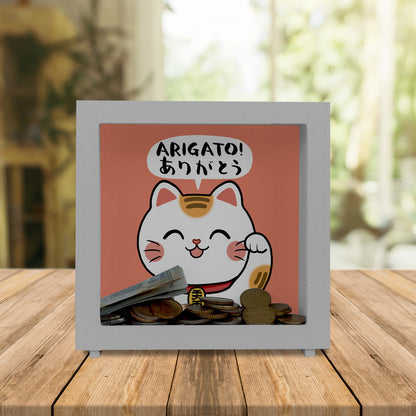 Winkekatze Rahmen Spardose aus Holz mit Spruch Arigato