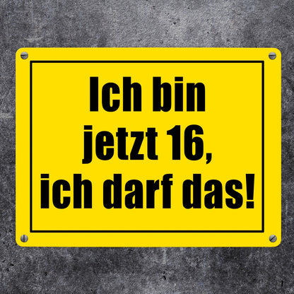 Warnschild Metallschild in 15x20 cm mit Spruch Ich bin jetzt 16 ich darf das