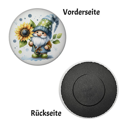 Gartenzwerg mit Sonnenblume Magnet rund