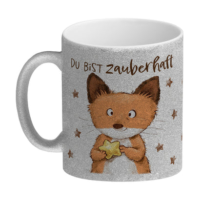 Fuchs Glitzer-Kaffeebecher mit Spruch Du bist zauberhaft