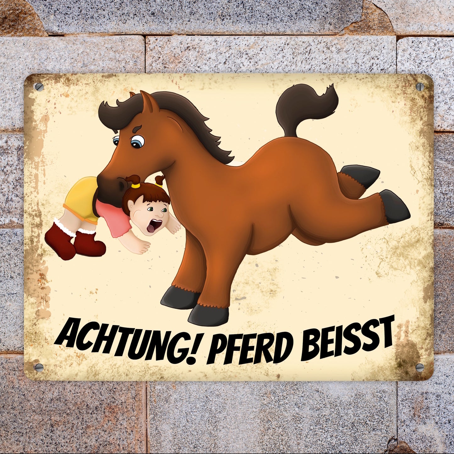 Metallschild XL mit Pferde Motiv und Spruch: Achtung! Pferd beisst