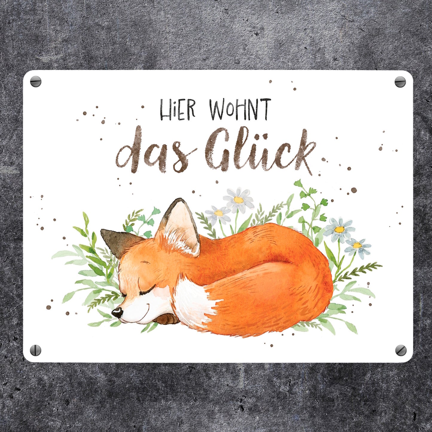 Fuchs Metallschild in 15x20 cm in weiß mit Spruch Hier wohnt das Glück