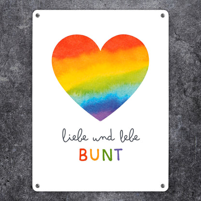 Regenbogenherz Metallschild XL in 21x28 cm mit Spruch Liebe und lebe bunt