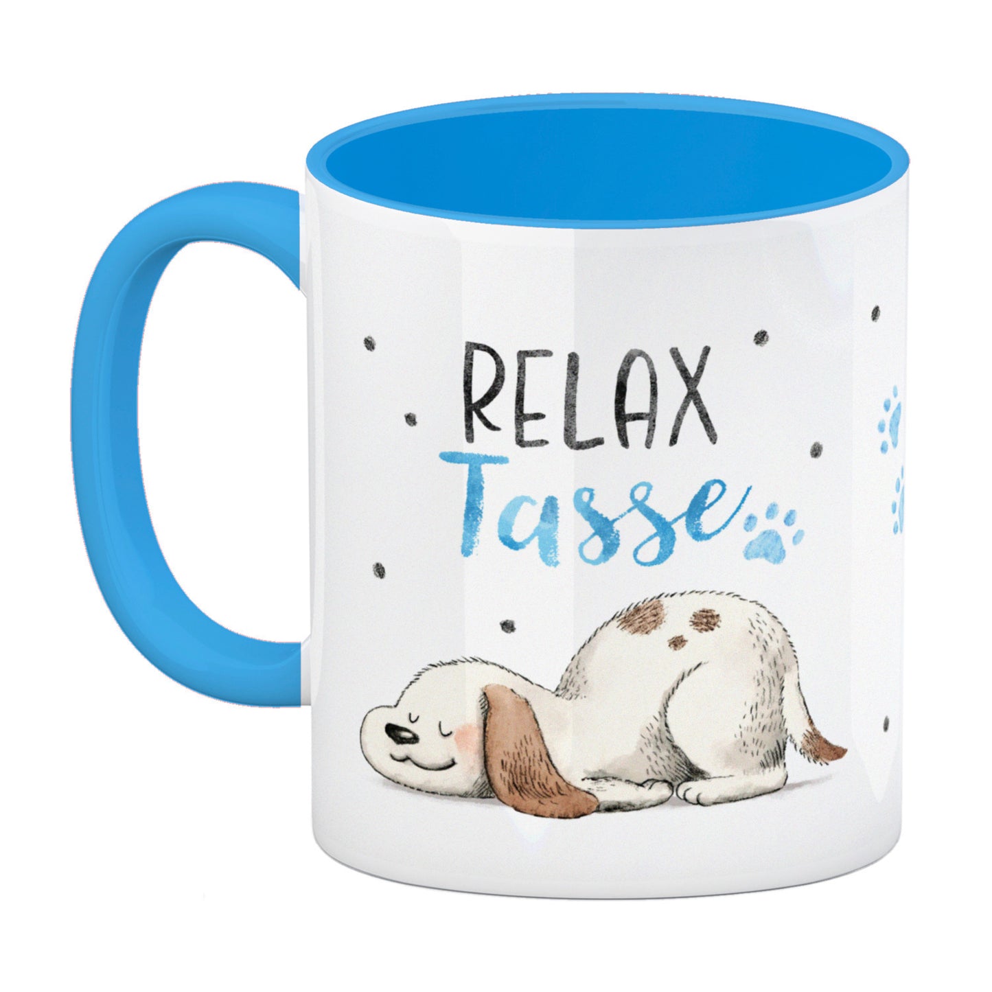 Relaxter Hund Kaffeebecher in hellblau mit Spruch Relax Tasse