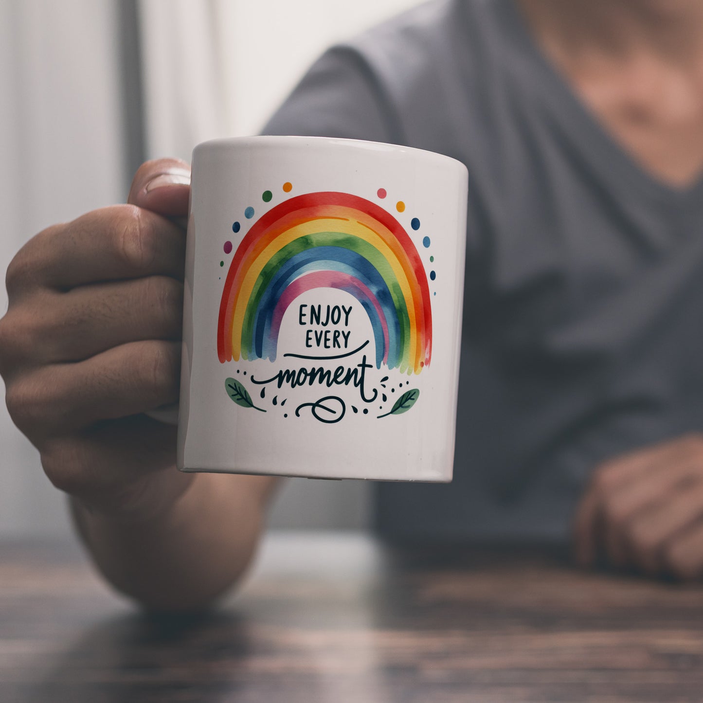 Regenbogen Kaffeebecher mit Spruch Enjoy every moment