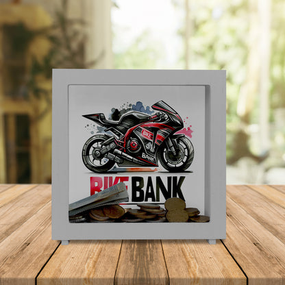 Rennmotorrad Rahmen Spardose aus Holz mit Spruch Bike Bank