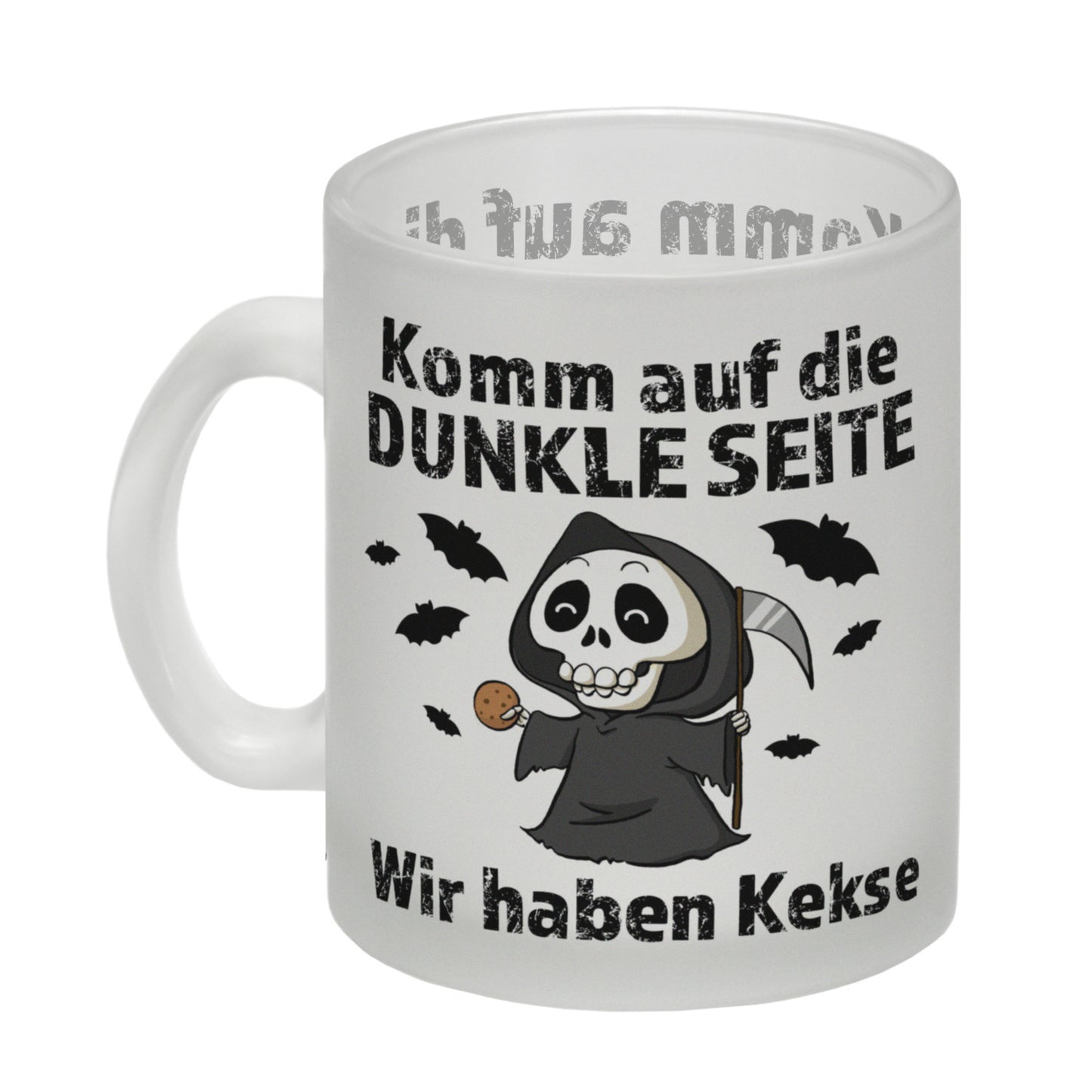 Komm auf die dunkle Seite Glas Tasse mit Spruch Wir haben Kekse