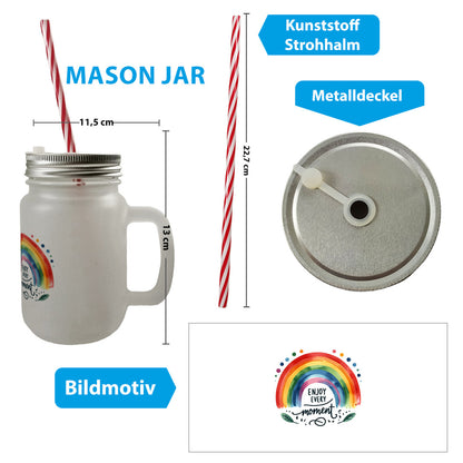 Regenbogen Mason Jar Henkel Trinkglas mit Deckel mit Spruch Enjoy every moment