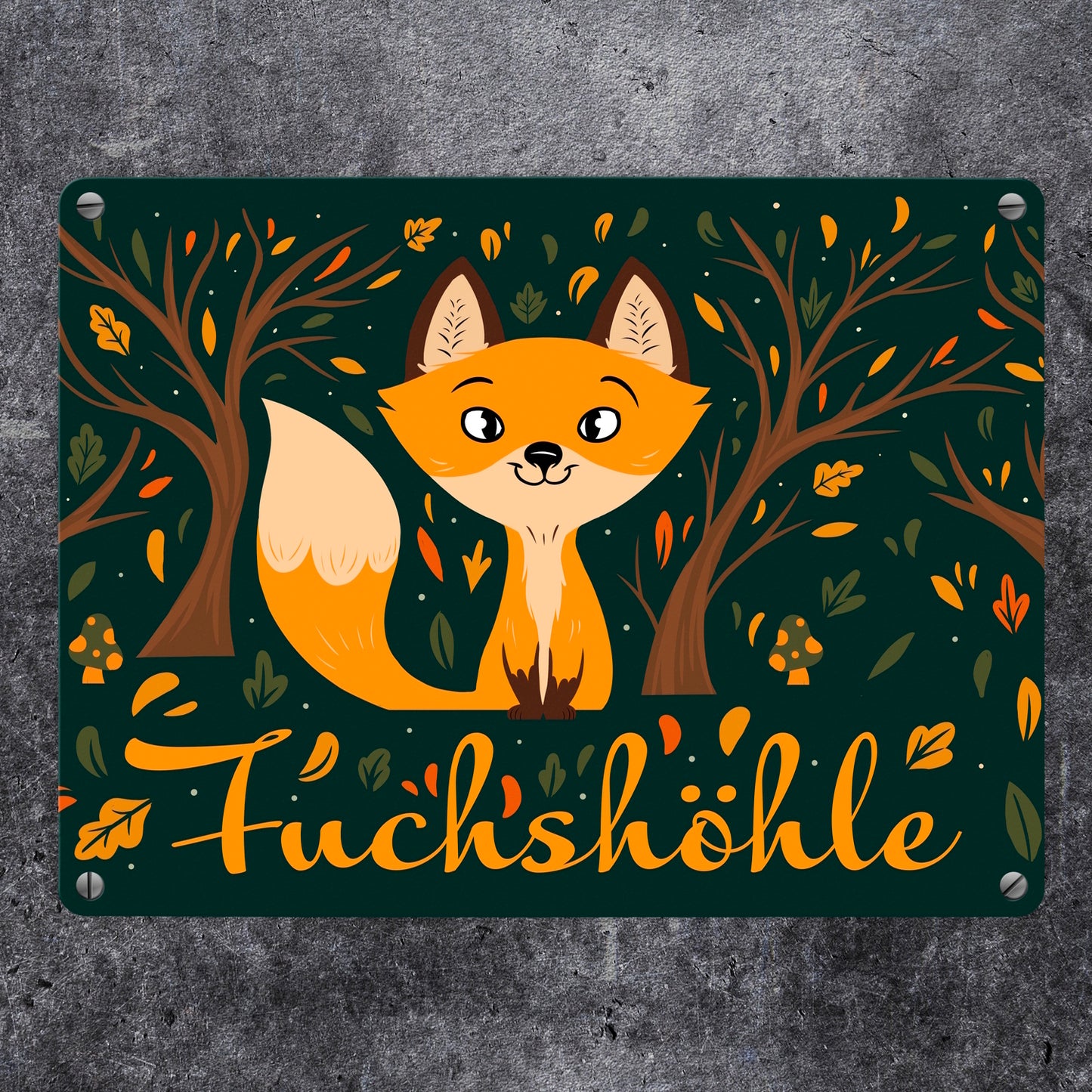 Metallschild in 15x20 cm mit niedlichem Fuchs im Wald und Herbst Motiven - Fuchshöhle